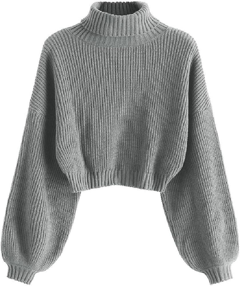 ZAFUL Women's Crew Neck Long Sleeve Pullover Crop Sweater Mock Neck Lantern Sleeve Ribbed Knit Jumpe | Amazon (US)
