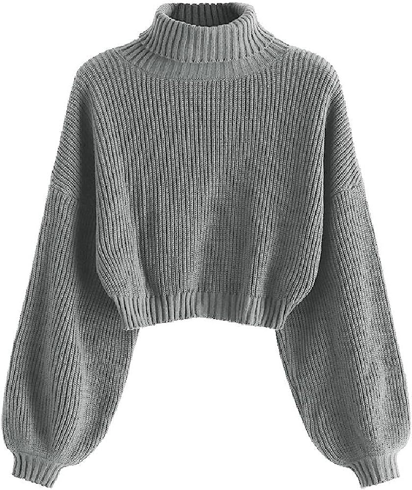 ZAFUL Women's Crew Neck Long Sleeve Pullover Crop Sweater Mock Neck Lantern Sleeve Ribbed Knit Jumpe | Amazon (US)