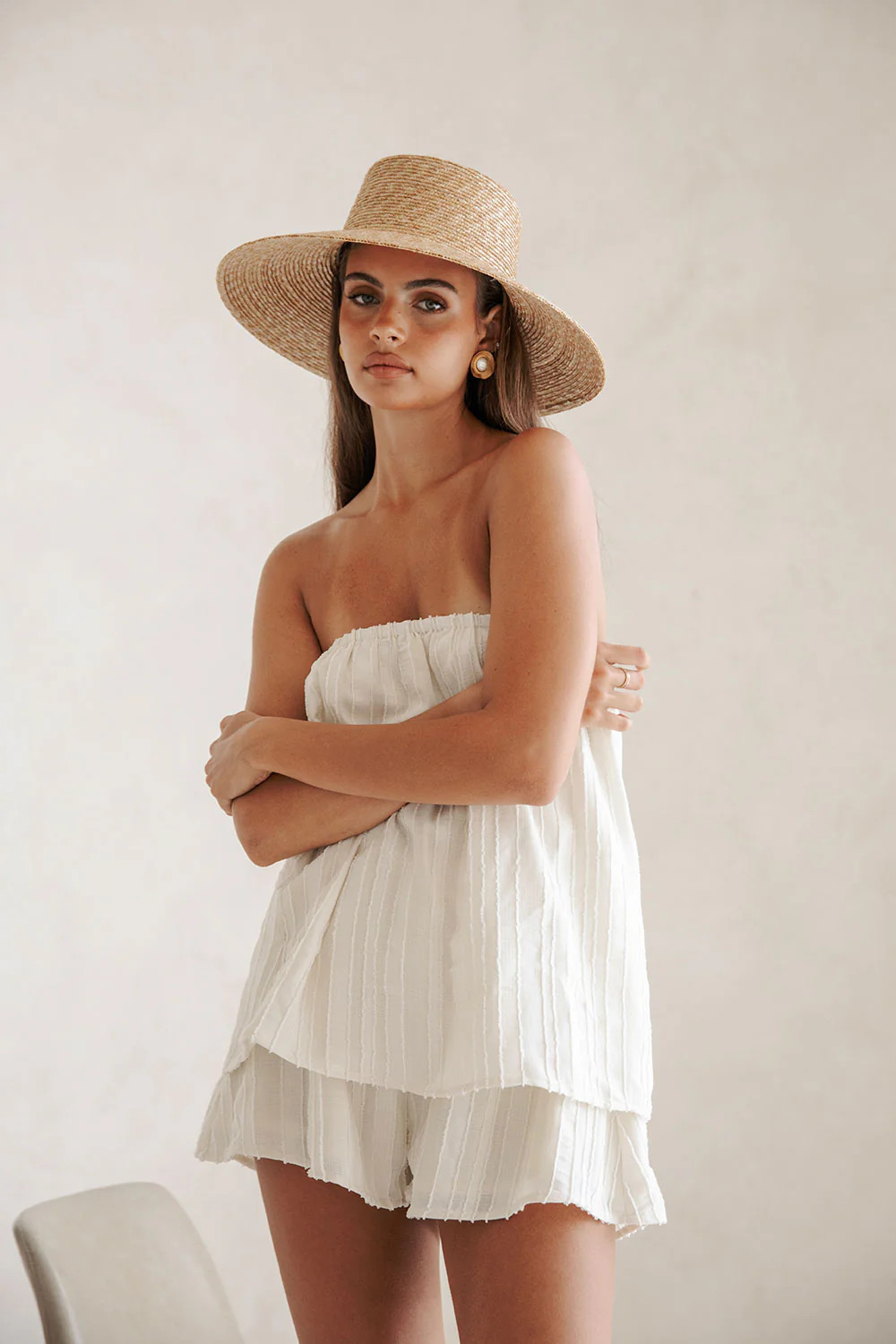 Cream Textured Stripe Strapless Sophie Playsuit | Sabo Skirt US