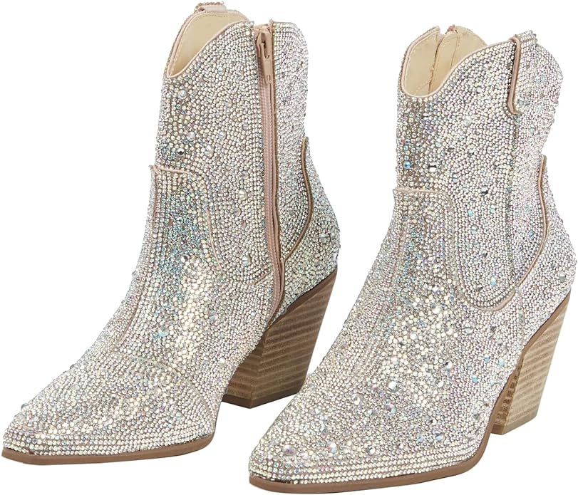 Arqa Rhinestone Western Boots for Women Chunky Stacked Heel Sparkly Glitter Cowboy Boots Fashion ... | Amazon (US)