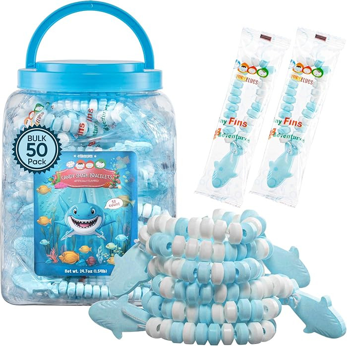 50 Shark Candy Bracelets, Cool Blue Candy for Under the Sea and Baby Shark Party Favors, Decorati... | Amazon (US)