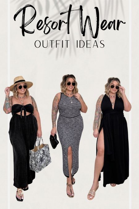 Jumpsuit set L - won’t work for really large chests. I’m a 38dd and it works but barely it would be cute with swim suit top under the jumpsuit tho. 
Dress in the middle L 
Dress on the right L 
#Resortwear #FreePeople #VacationOutfits #Vacation #MaxiDress #MidiDress #Amazon 
#MidsizeFashion #Sandals 

#LTKmidsize #LTKfindsunder100 #LTKbeauty