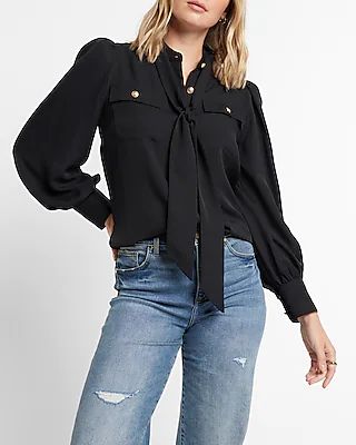 Relaxed Balloon Sleeve Novelty Button Tie Neck Portofino Shirt | Express