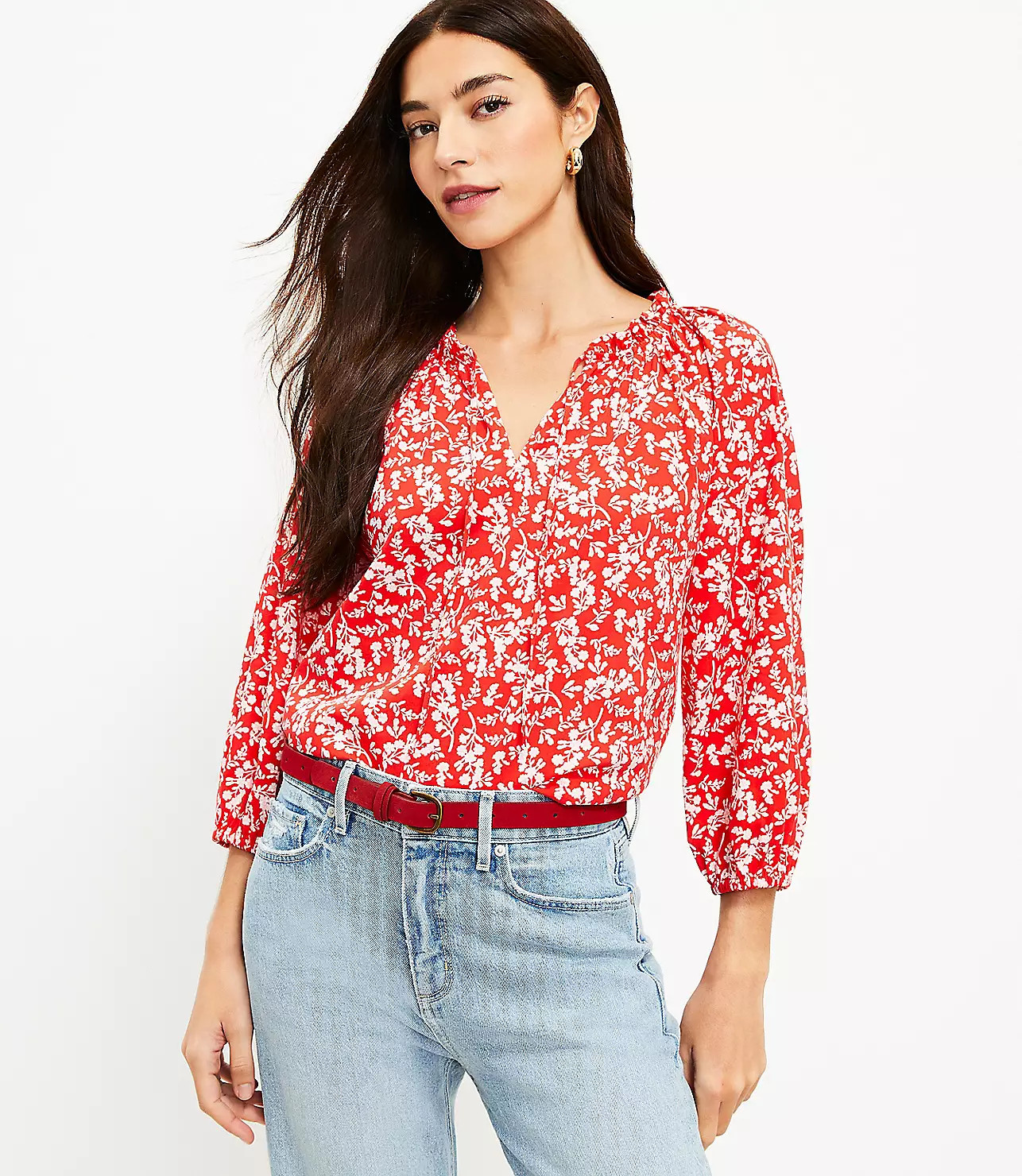 Floral Ruffle Tie Neck Blouse | LOFT