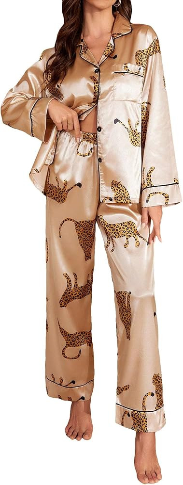 SOLY HUX Women's Silk Satin Leopard Print Sleepwear Long Sleeve Button Down Shirt and Pants Pajam... | Amazon (US)