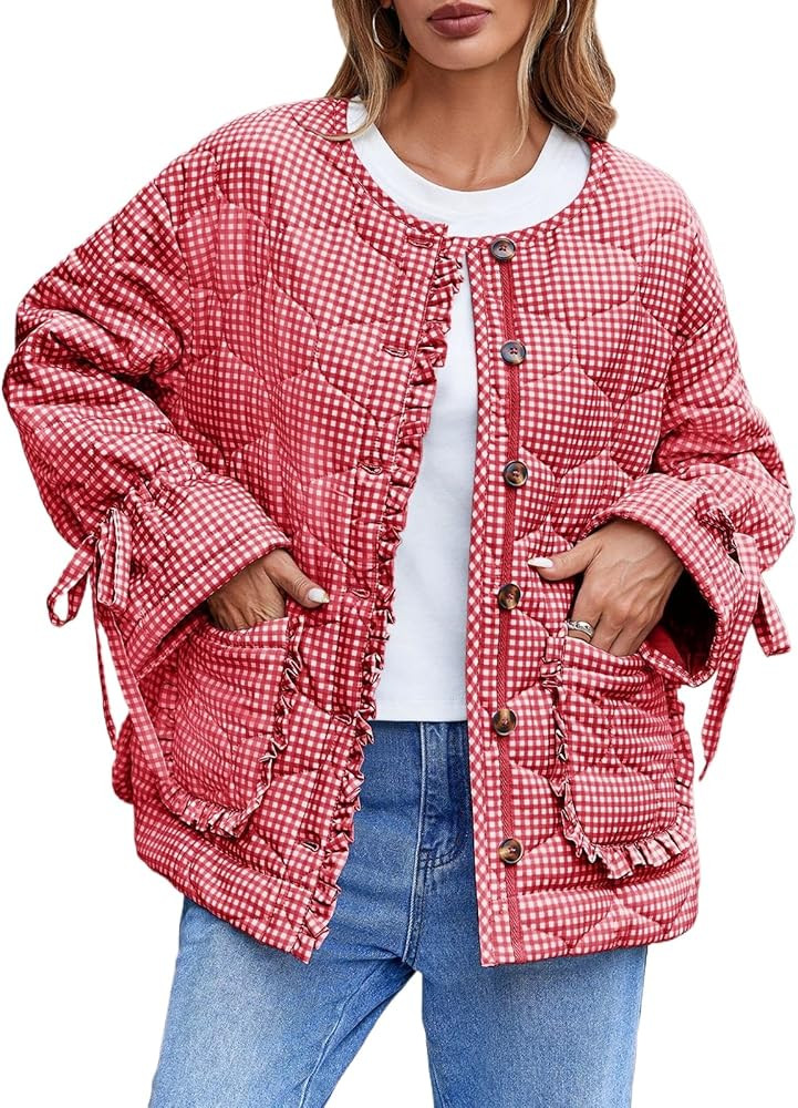 Tankaneo Womens Cropped Quilted Puffer Jackets Lightweight Plaid Button Down Bow Padded Down Coat | Amazon (US)