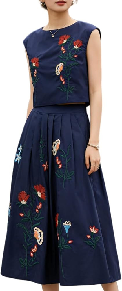 Women Floral Embroidery Set Sleeveless Crop Top High Waist Skirt Elegant Summer Two Piece Skirt S... | Amazon (US)