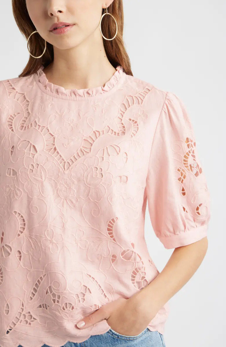 Embroidered Cutwork Puff Sleeve Linen Blend Top | Nordstrom