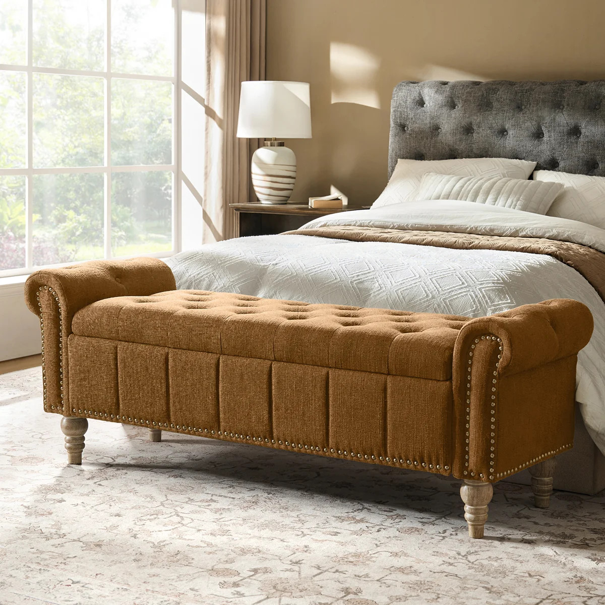 Georgia 58.5'' W  Traditional Classic Storage Bench with Solid Wood Legs and Nailhead Trim | Wayfair North America