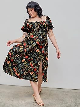CIDER Midi Dress Summer Dresses for Women 2024 Plus Size Summer Dresses Fruit Square Neck Puff Sl... | Amazon (US)
