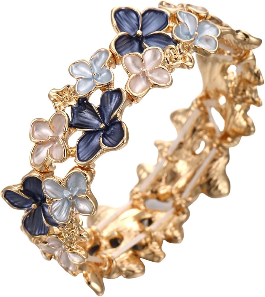 LUREME Gold Sakura Floral Bracelet for Women - Colorful Enamel Flower Stretch Bangle, Adjustable ... | Amazon (US)