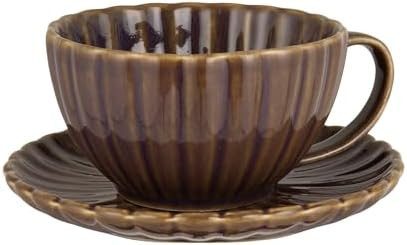 Creative Co-Op 10-Ounce Stoneware Ribbed Mug with Saucer in Reactive Glaze, Plum Color | Amazon (US)