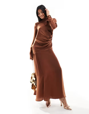ASOS DESIGN ruched side cowl neck maxi dress with asymmetric tier in chocolate | ASOS (Global)
