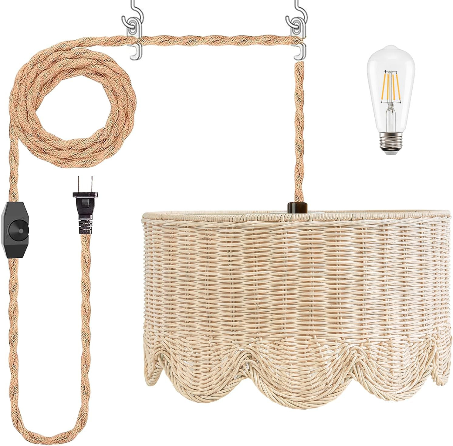 13" Plug in Scalloped Pendant Light, Rattan Hanging Lights with Plug in Cord 15FT Hemp Rope Cord,... | Amazon (US)