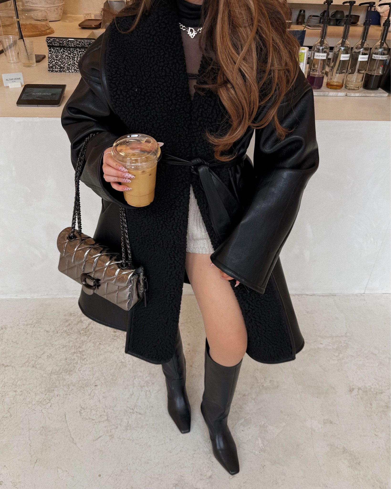 black shearling collared coat by source unknown (similar options linked), metallic coach tabby bag (on sale!), coffee shop aesthetic, winter jacket inspo, leather outfits, hair goals, winter fashion trends, steve madden tall leather boots, knit micro shorts 

#LTKSeasonal #LTKStyleTip #LTKSaleAlert