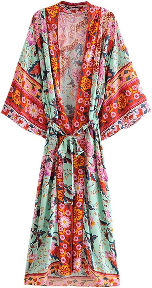 Floral Print Bat Sleeve Beach Kimono Robe for Women Ladies V Neck Tassel Dress Boho Cover Up | Amazon (US)