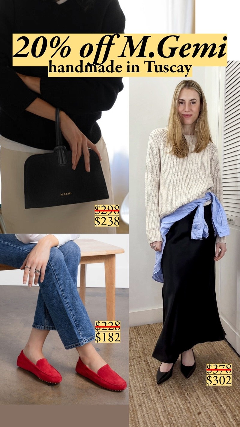 20% off full-price purchases with code FALL20 only on 9/22. Their Sacca Donna loafers contour the foot as closely as Brunello - that level of production makes it worth it for M.Gemi to manufacture in Italy. I am wearing the Lisinda kitten heel in the photo, and it's the heel I reach for in that height (35mm/1.4"). It's got a classic, low profile sleek shape and the clean execution to make them overachieve for the price; you can't see the inner support that actually builds the shape.

#LTKootd #LTKSeasonal