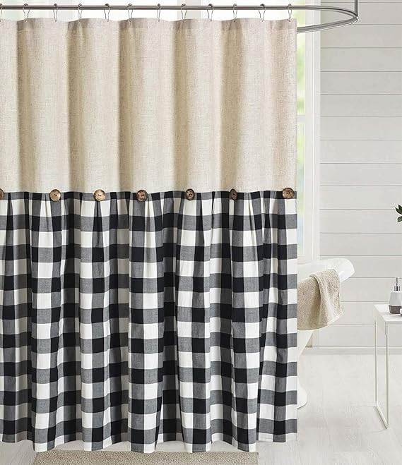 DOSLY IDÉES Linen Button Farmhouse Shower Curtain,Linen and Cotton Fabric,Pleated Black and Whit... | Amazon (US)