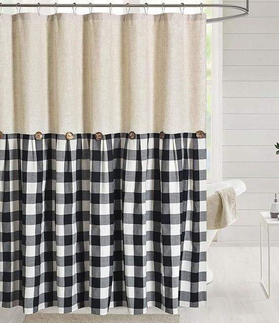 DOSLY IDÉES Linen Button Farmhouse Shower Curtain,Linen and Cotton Fabric,Pleated Black and Whit... | Amazon (US)