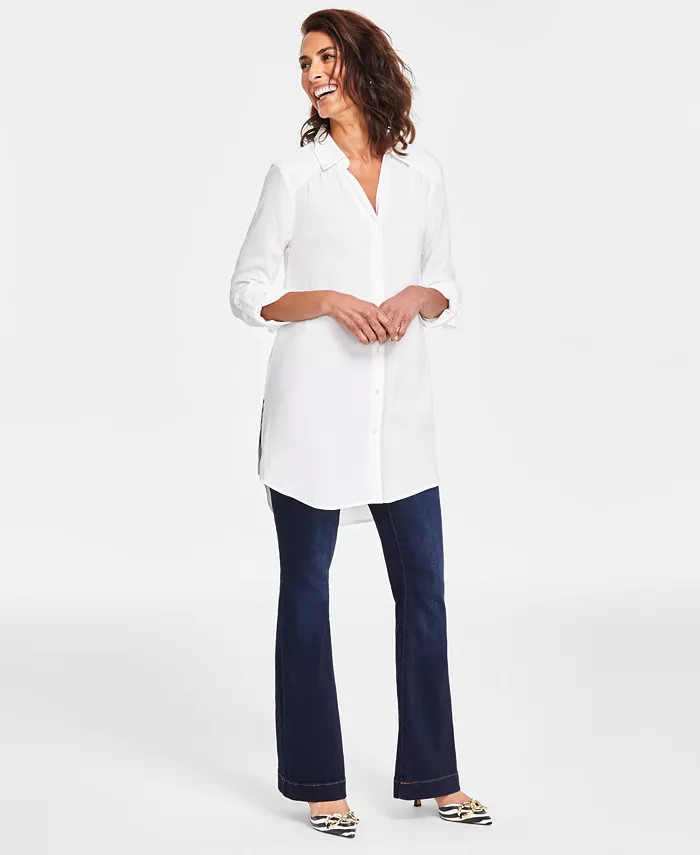 I.N.C. International Concepts Women's Roll-Tab Button-Down Long Blouse, Created for Macy's, Regul... | Macys (US)