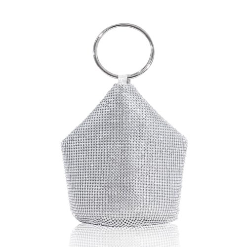 Rhinestone Top Handle Evening Bag for Women, Sparkly Clutch Purse Elegant Mini Bucket Handbag for Party Wedding Dinner (Silver) | Amazon (US)