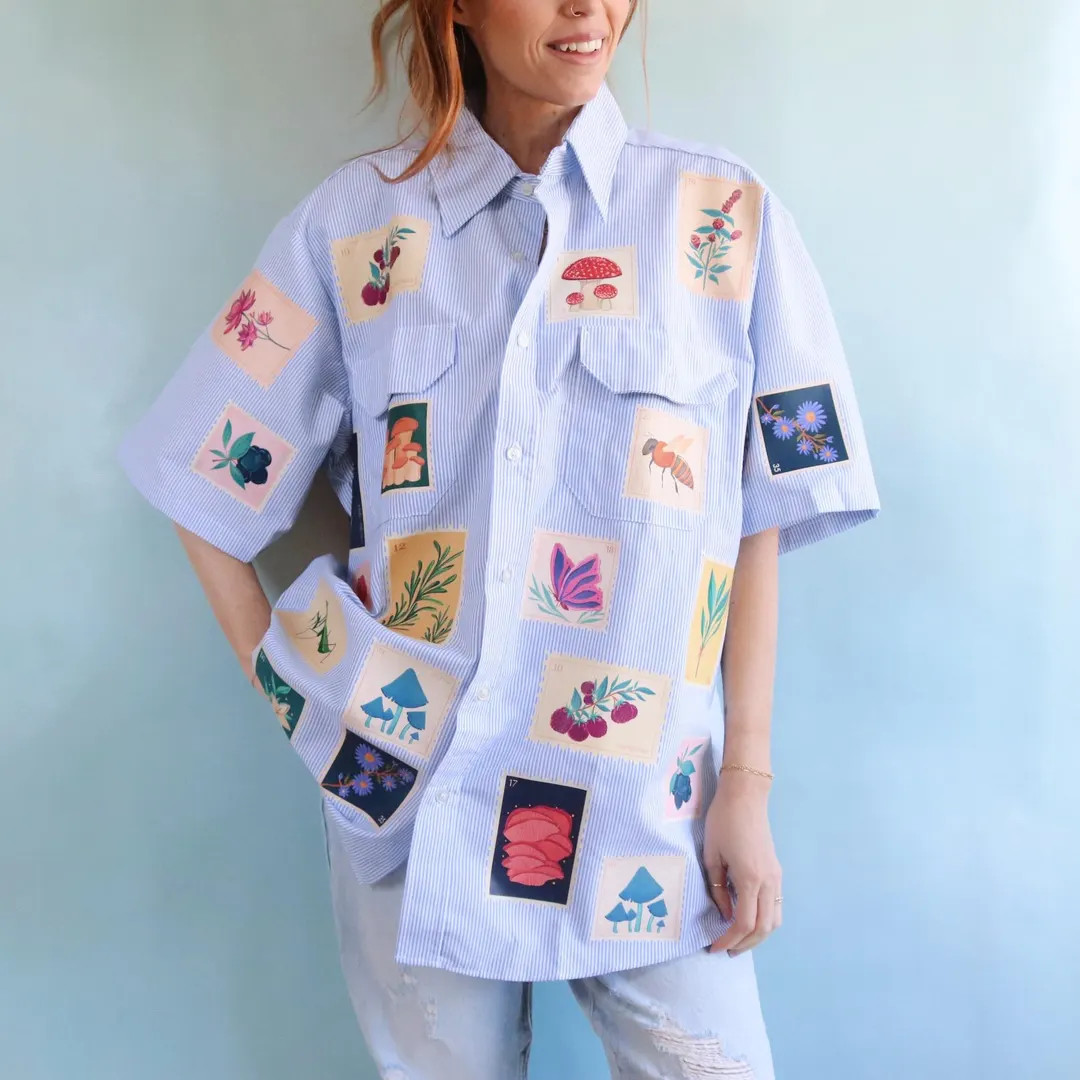 Upcycled Button up Shirt for Stamp Collector Thrifted Spring Shirt Handmade Gift for Garden Lover... | Etsy (US)