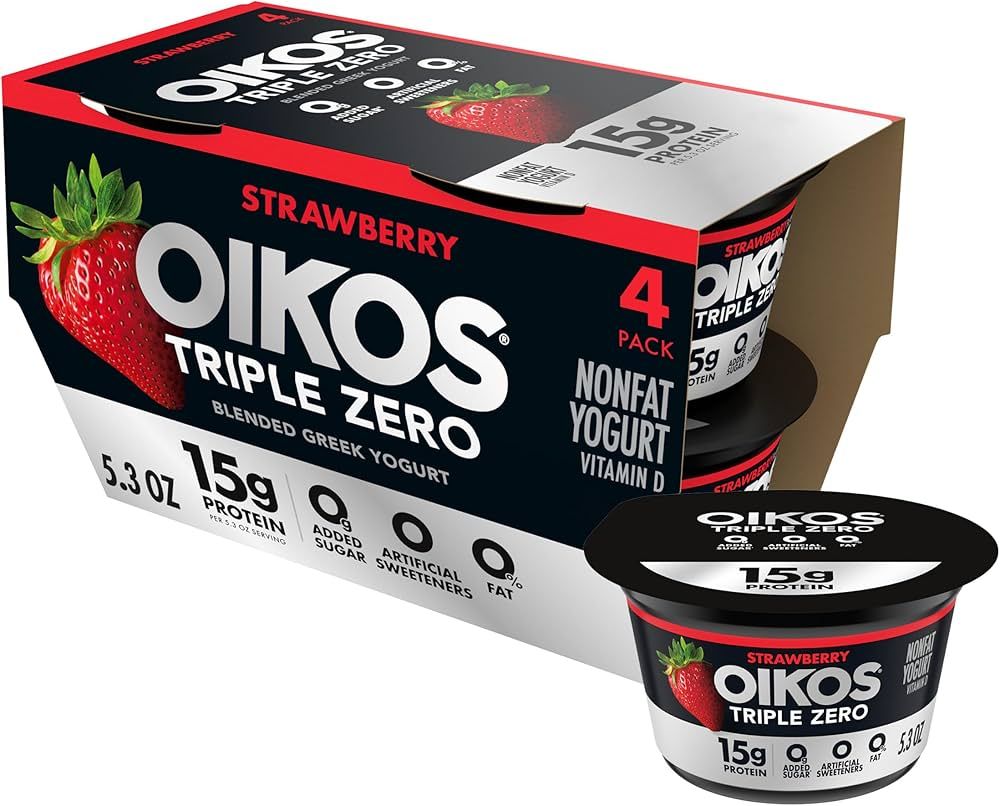 Oikos Triple Zero Strawberry Nonfat Greek Yogurt Pack, 0% Fat, 0g Added Sugar and 0 Artificial Sw... | Amazon (US)