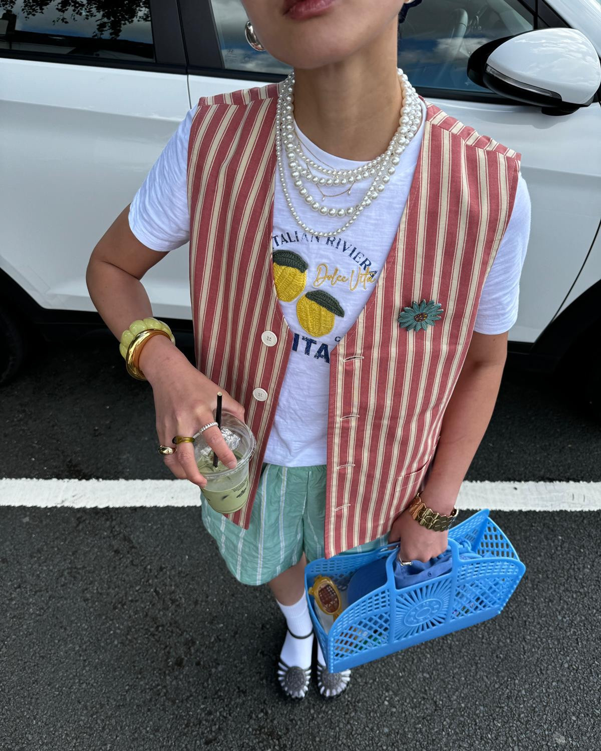 Next, Reserved, Bimba y lola, Melissa, Sezane, Mejuri, Olivia burton, summer outfit, holiday outfit, embroidered shirt, striped waistcoat, linen waistcoat, striped shorts, linen shorts, jelly shoes, tote bag, summer outfits, holiday outfits 

#LTKsummer #LTKeurope #LTKstyletip