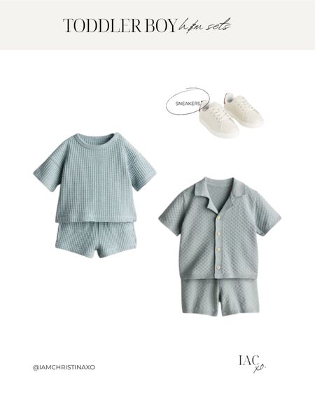 toddler boy H&M sets in color dusty turquoise
—
2-piece kids set, 3 piece cotton set, short sleeve toddler set, waffled jersey set, H&M kids, H&M finds, toddler clothes, toddler outfit inspo, sets for toddlers, spring style, spring outfit, spring kids finds, dusty turquoise, t shirt and shorts, 