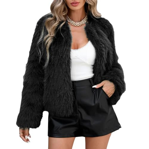 Zando Black Faux Fur Coat Women - Black Faux Fur Jacket Women Formal Long Sleeve Pockets Shaggy Cropped Jacket Womens Fluffy Warm Winter Coats 2025 for Daily Weddings Parties Office S | Amazon (US)