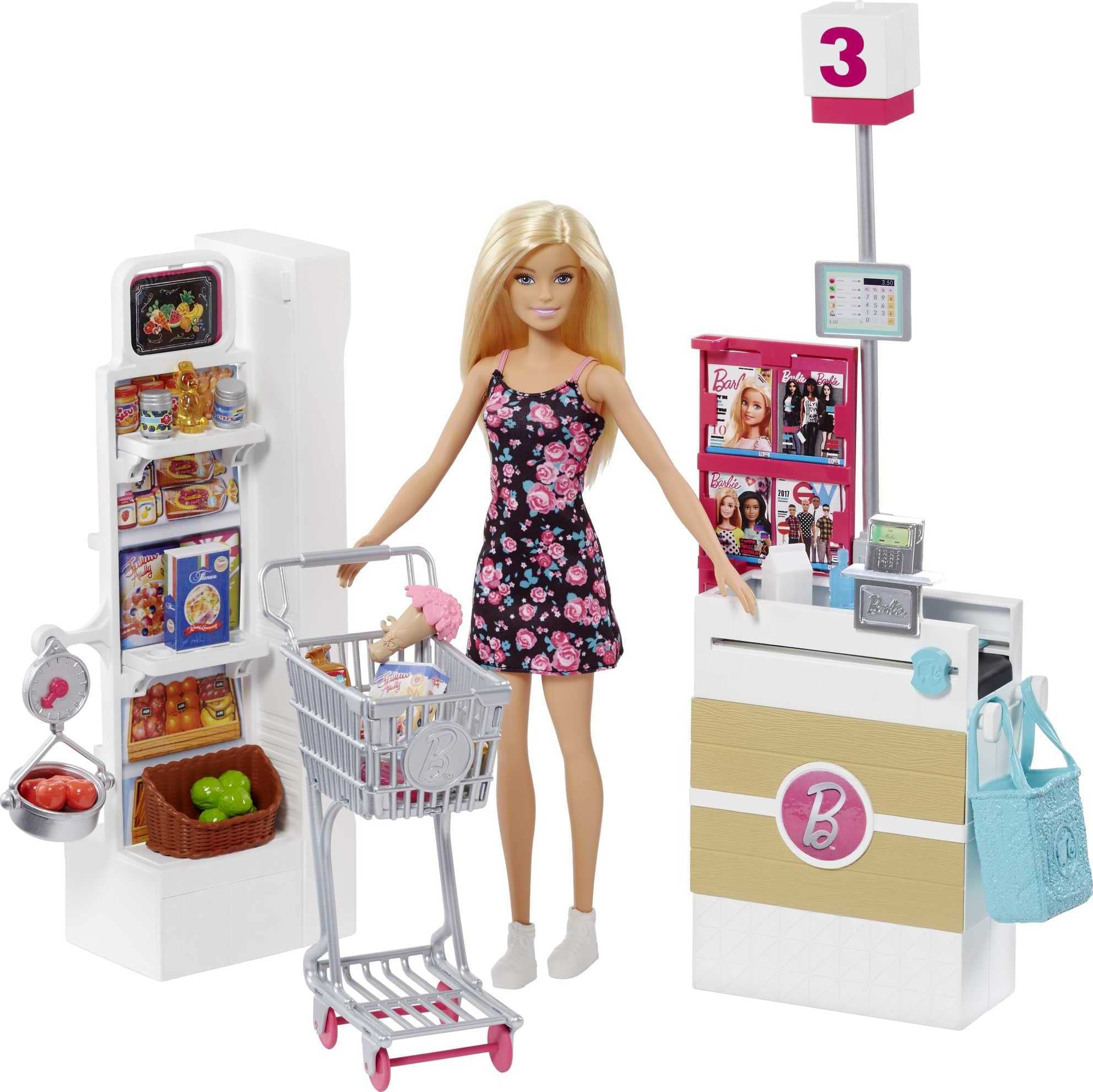 Barbie Doll, Blonde, and Grocery Store with Rolling Cart and Working Belt | Amazon (US)