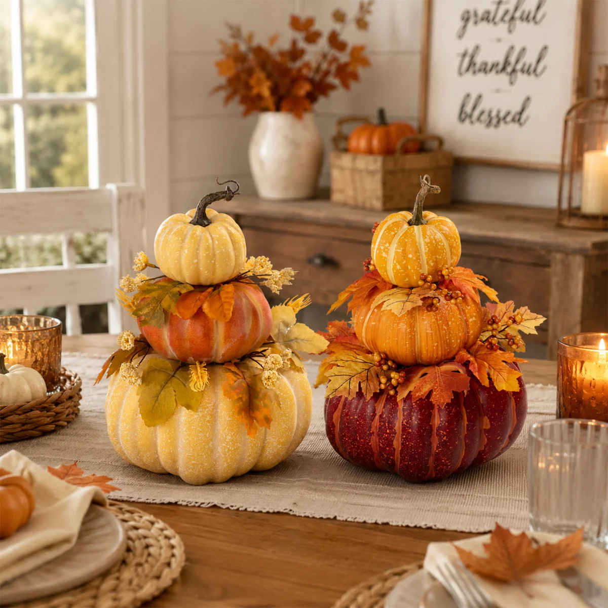2\u2011Pack 3\u2011Tier Stacked Faux Halloween Pumpkin Decor, Foam Pumpkin Fall Porch Decor with ... | Wayfair North America