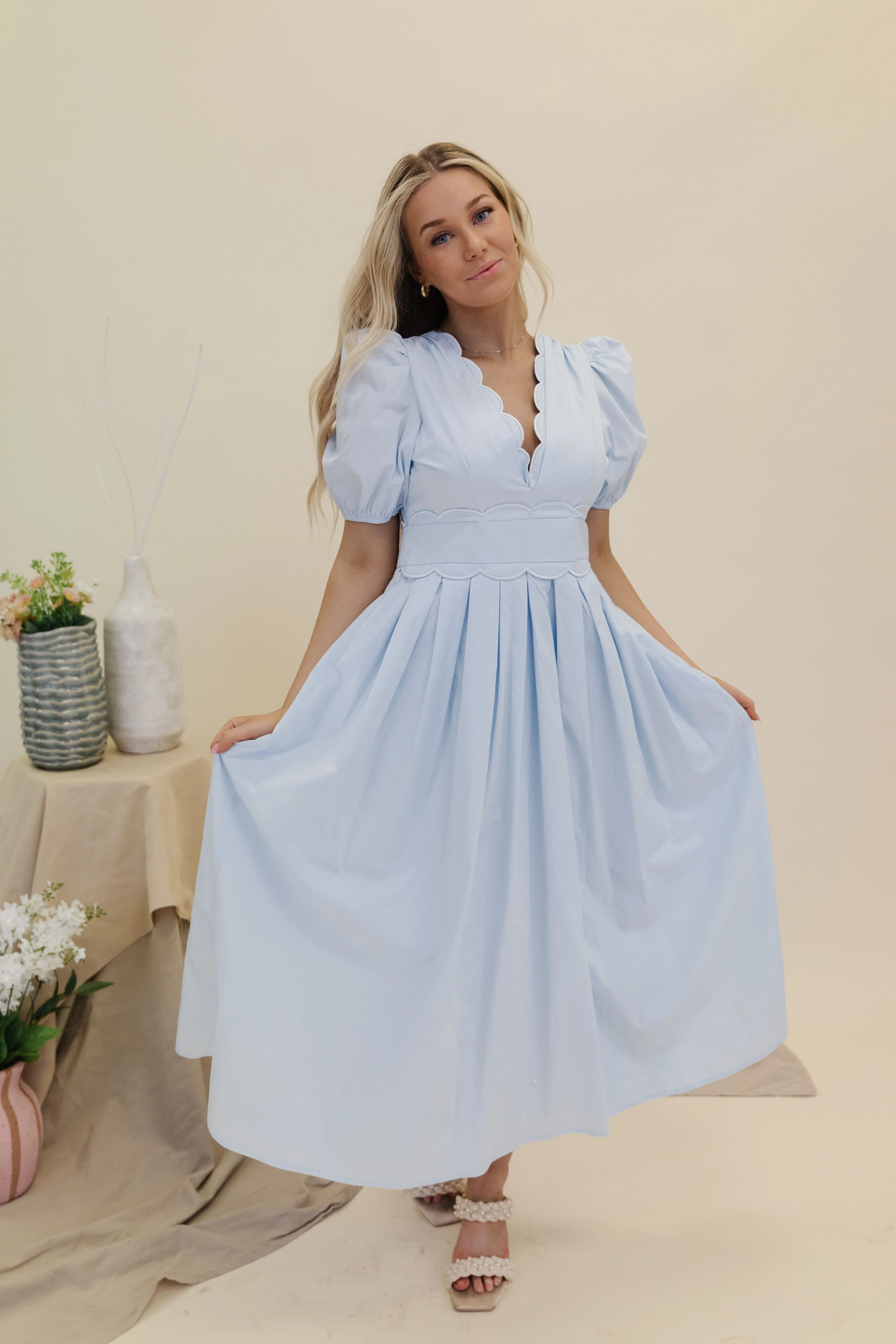 THE ELLA SCALLOPED MIDI DRESS IN BABY BLUE | Pink Desert