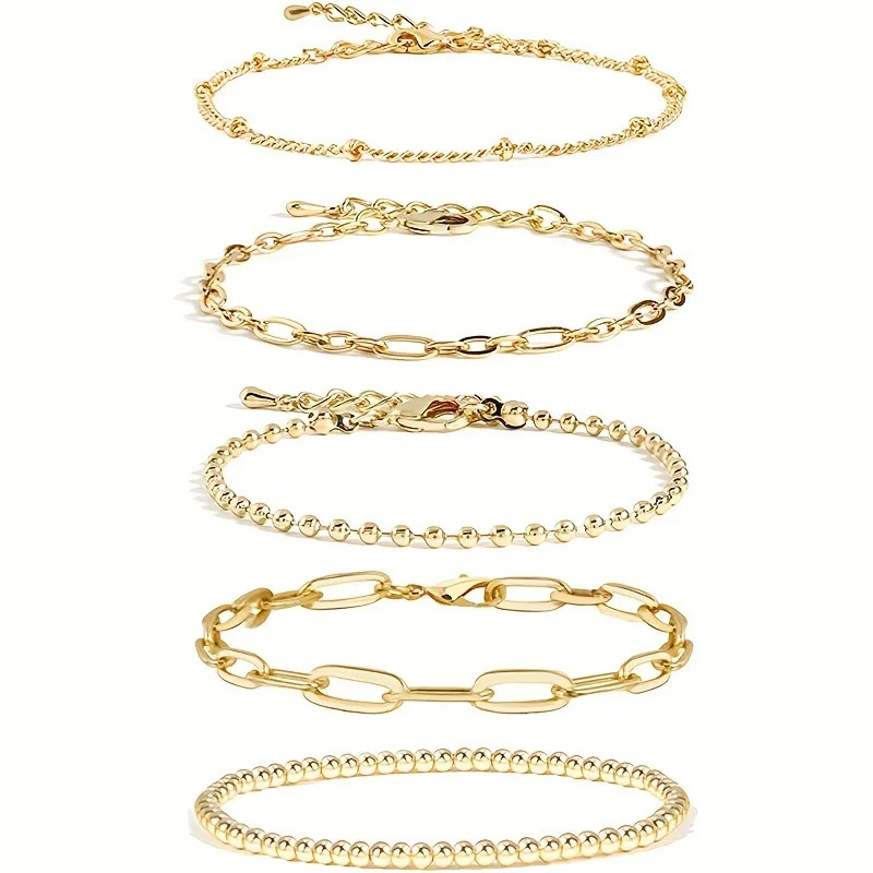 5Pcs Golden Chain Bracelets For Women Girls 14K Gold Plated Dainty Link Paperclip Bracelets Stake... | Temu Affiliate Program