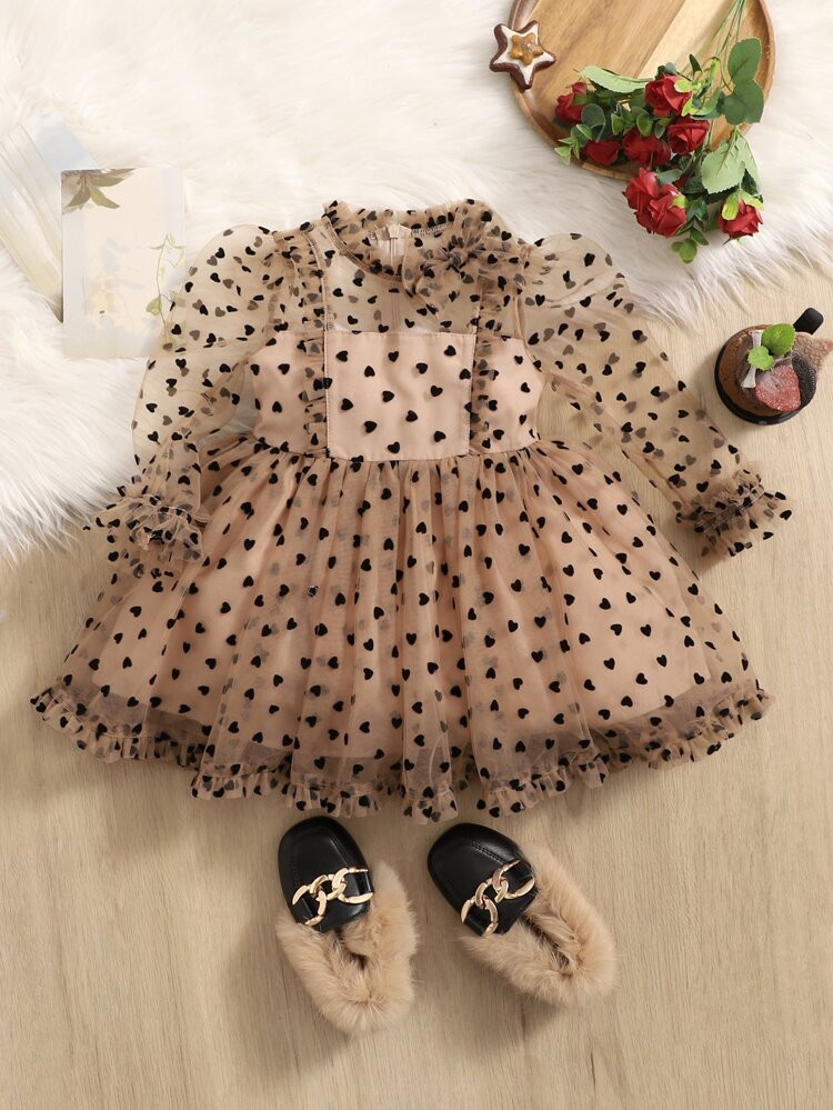 SHEIN Baby Heart Print Frilled Neck Flounce Sleeve Ruffle Hem Mesh Dress | SHEIN