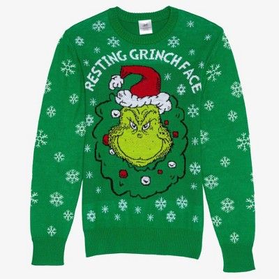 Men's Dr.Seuss Resting Grinch Face Ugly Holiday Sweater - Green | Target