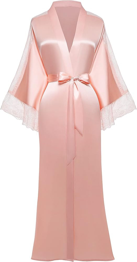 PRODESIGN Satin Kimono Lace Robe Long Silky Kimono Bathrobe with Lace Trim Sleepwear Wedding Brid... | Amazon (US)