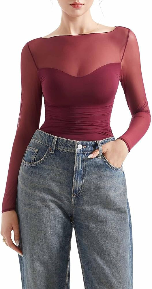 SUUKSESS Women Double Line Mesh Sheer Crop Tank Tops Boat Neck Long Sleeve Shirts | Amazon (US)