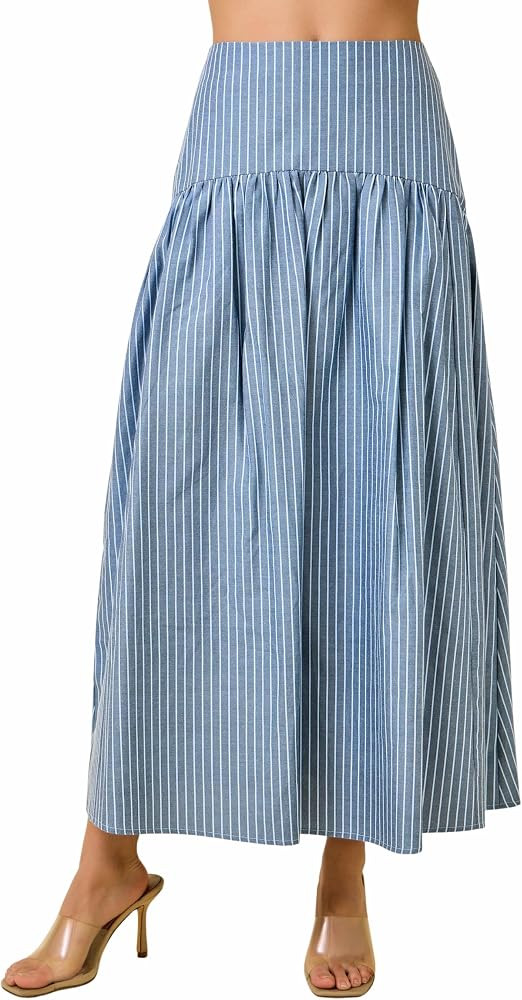 Mannjin Women's Stripe Flared Maxi Skirt with Smocked High Back Waist Long Skirts Summer Beach Va... | Amazon (US)
