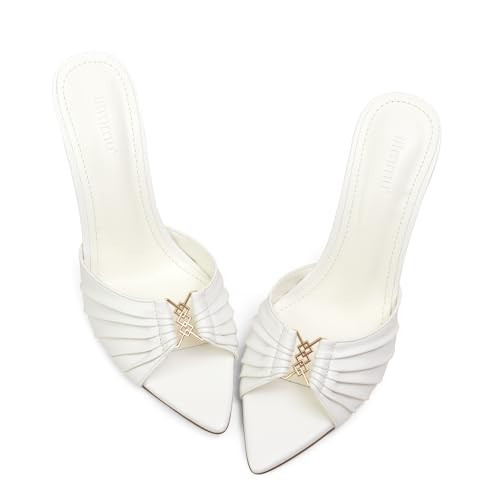 iiimmu 3.5 IN Stiletto Mule High Heels with Pointed Peep Toe Heeled Sandals Faux Leather, White, Size 8.5 | Amazon (US)