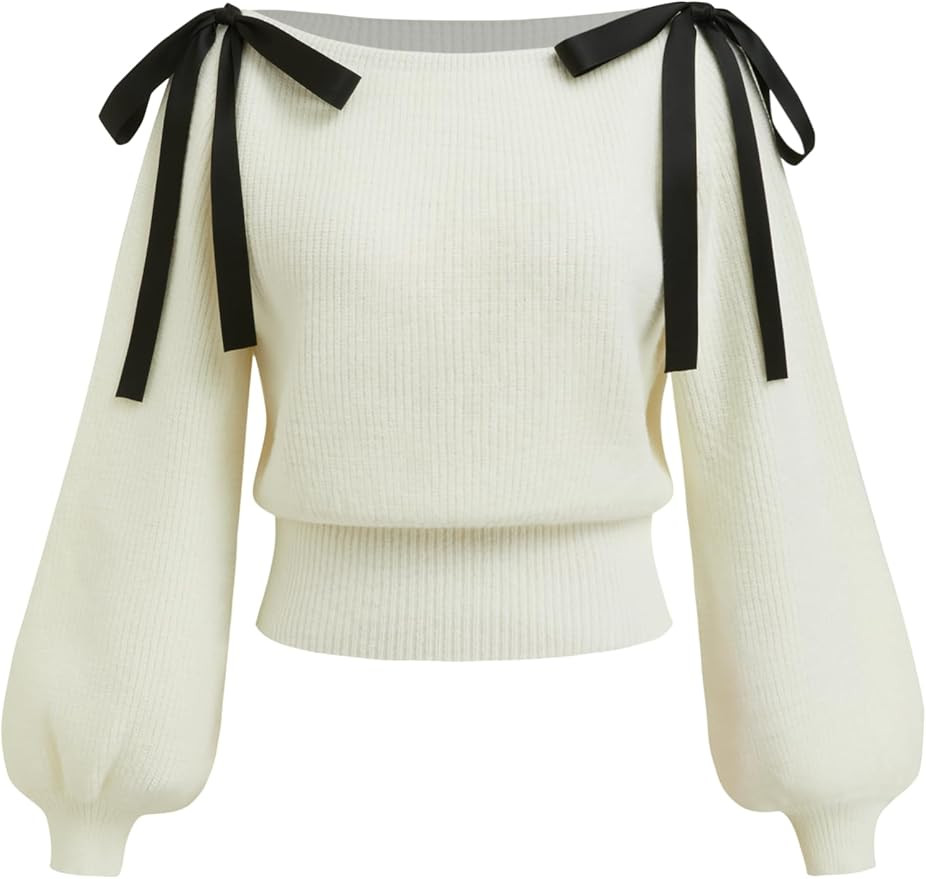 CIDER Women's Knit Ruched Sweater Bowknot Ribbon Shoulder Tie Long Sleeve Top | Amazon (US)