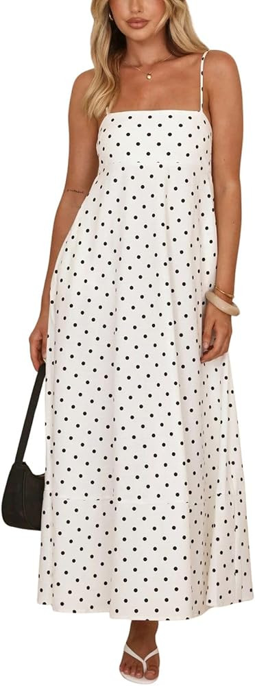 CHOUYATOU Women's 2026 Vintage Polka Dot Maxi Dress Back Smocked Spaghetti Strap Ruffle Hem Swing... | Amazon (US)