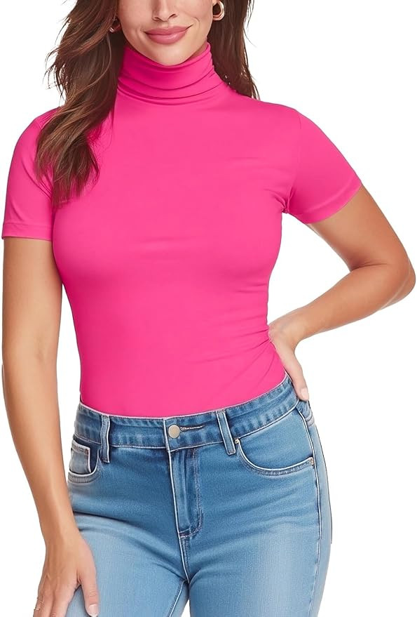 Zengjo Long Sleeve Turtleneck Women Stretch/Short Sleeve Tops Fitted Tee Shirt | Amazon (US)
