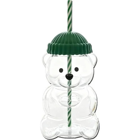 Holiday Bear Tumbler with Striped Straw Clear Glass Bear-Shaped Cup with Winter Hat Christmas Decorative Drinking Glass Party Gifts | Walmart (US)