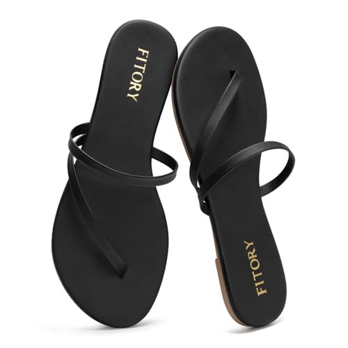 FITORY Womens Flip Flops, Strappy Open Toe Flat Sandals for Summer 2026, Lightweight and Comfortable Slides for Beach and Casual Walking, Indoor and Outdoor Black Size 10 | Amazon (US)
