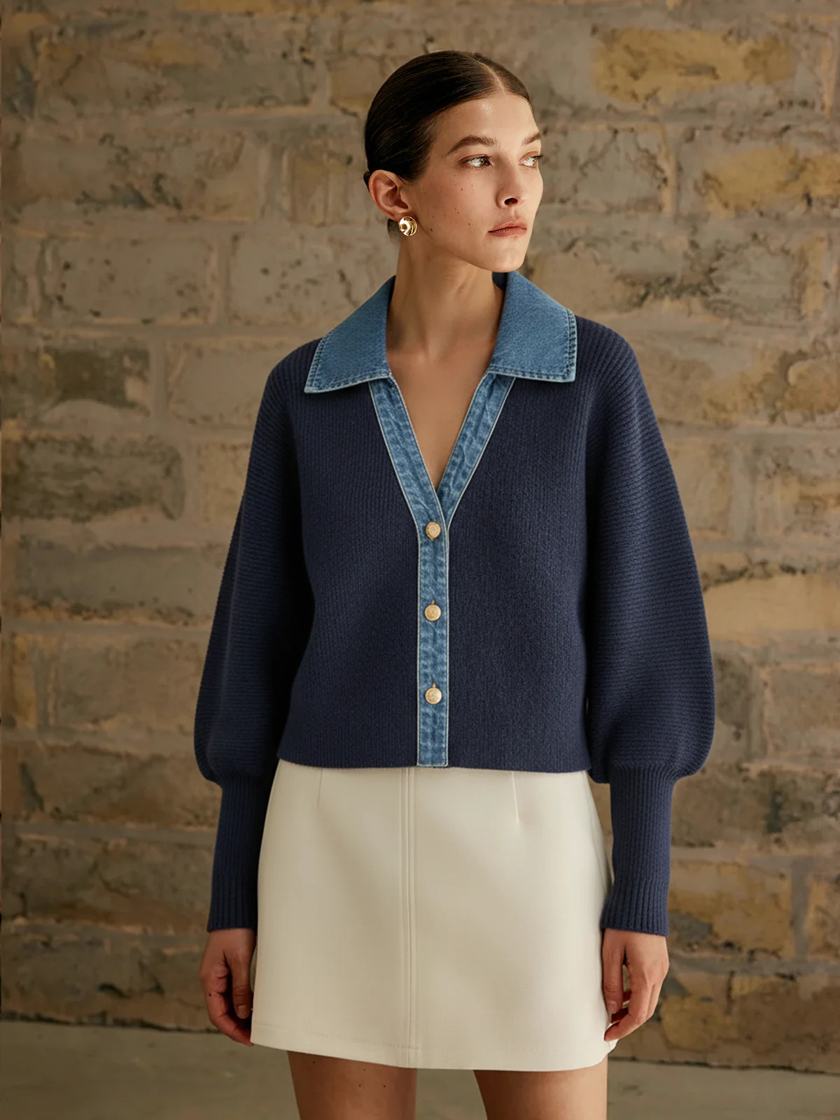Leg-Of-Mutton Sleeve Denim Panel Knit Cardigan | Commense