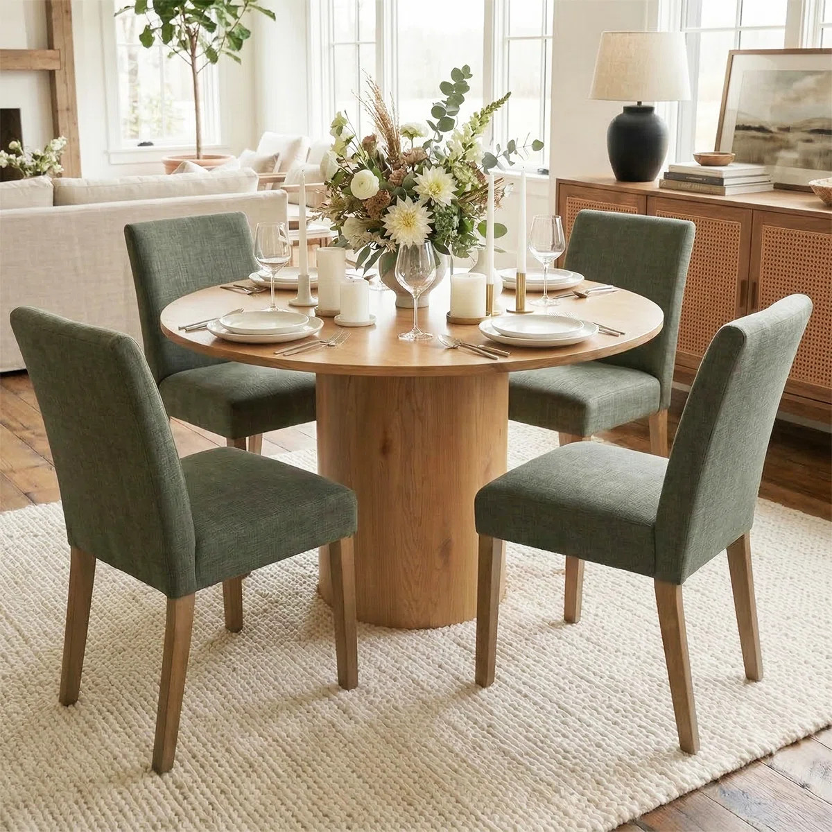 Danayla 4 - Person Dining Table Sets With 41.5'' Round Table & 4 Upholstered Linen Chairs | Wayfair North America