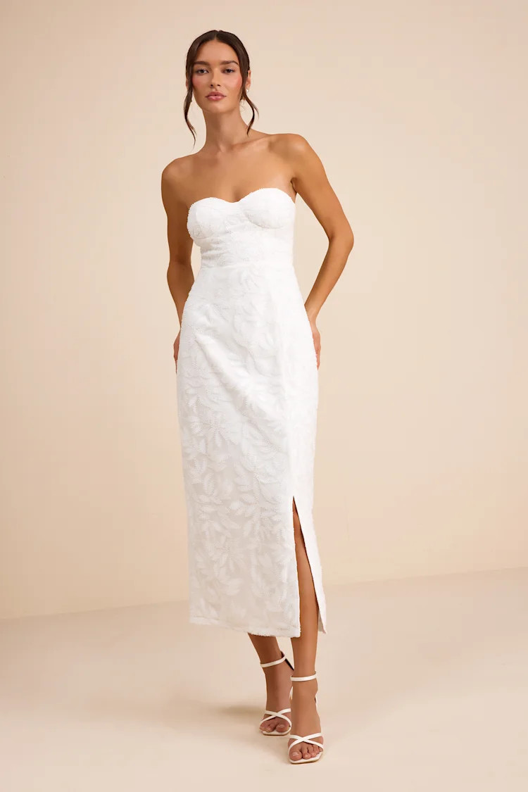 Beyza White Sequin Beaded Strapless Midi Dress | Lulus
