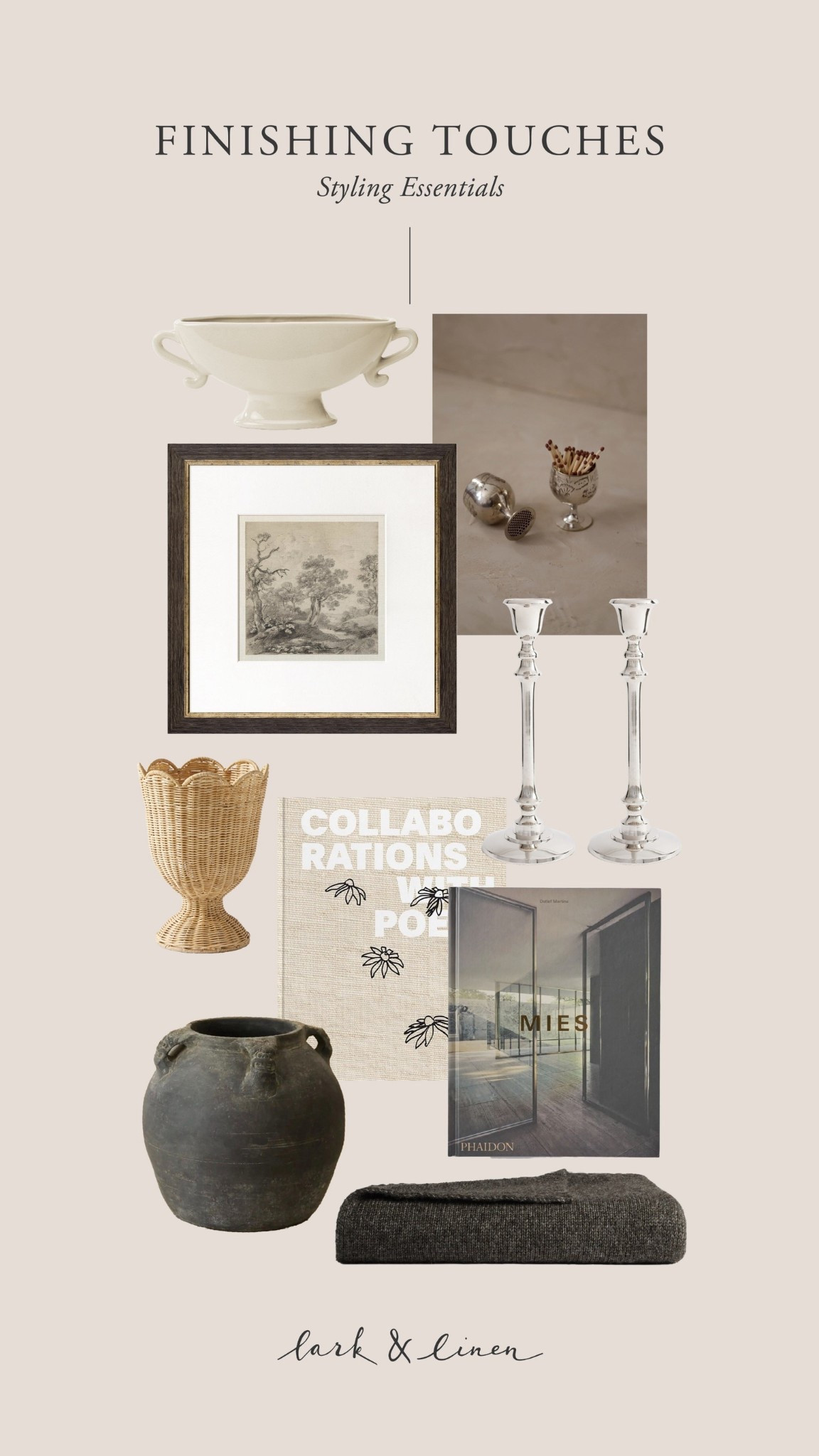 Styling essentials that bring a room to life ✨ 

On this board: Low Vase, Silver Goblet Matchstick Holder, Framed Tree Sketch, Woven Urn Planter, Alex Katz: Collaborations With Poets Book, Silver Taper Candle Holder, Vintage Lions Ear Pot, Mies Book by Detlef Mertins, and a cozy Alpaca Throw. 

Perfect for layering personality, texture & warmth in any space!