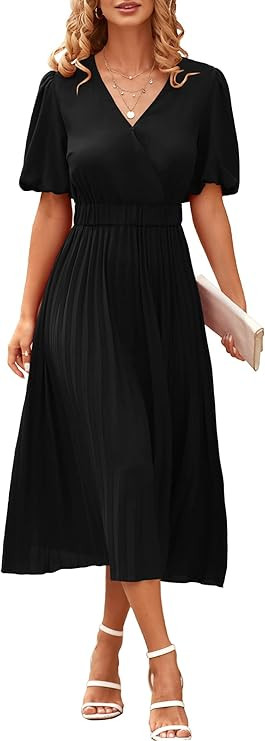 PRETTYGARDEN Women's Summer Pleated Midi Dress Wrap V Neck Puff Sleeve Casual Chiffon A Line Flow... | Amazon (US)